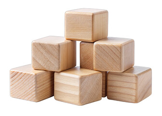 Six wooden cubes are stacked in a pyramid shape, with one cube at the top and two rows of two cubes below it. The cubes are all made of unfinished, light-colored wood, and they are isolated on a white