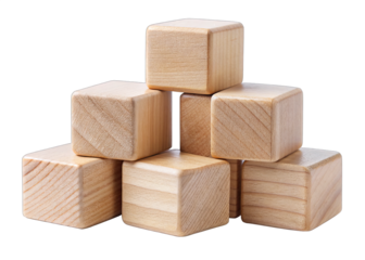 Six wooden cubes are stacked in a pyramid shape, with one cube at the top and two rows of two cubes below it. The cubes are all made of unfinished, light-colored wood, and they are isolated on a white