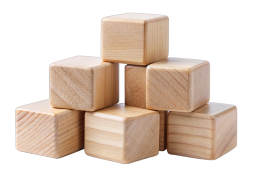 Six wooden cubes are stacked in a pyramid shape, with one cube at the top and two rows of two cubes below it. The cubes are all made of unfinished, light-colored wood, and they are isolated on a white