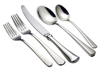 A set of shiny stainless steel cutlery, including a butter knife, two forks, and two spoons, is arranged on a white background. The cutlery is polished and reflects light, creating a sparkling effect.