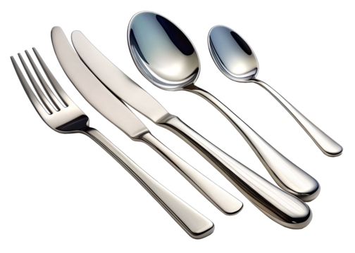 A set of five pieces of stainless steel cutlery, including a fork, two knives, and two spoons, arranged in a row on a white background. The cutlery is polished and shiny, reflecting light. The fork is