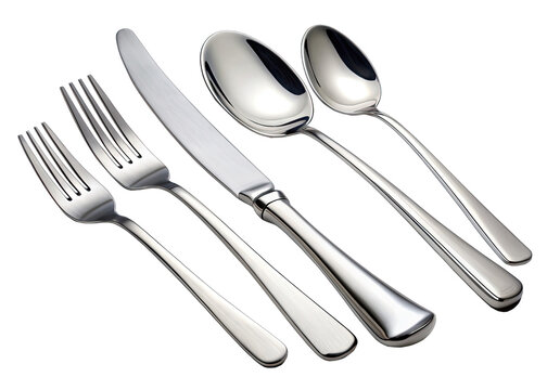 A set of shiny stainless steel cutlery, including a butter knife, two forks, and two spoons, is arranged on a white background. The cutlery is polished and reflects light, creating a sparkling effect.