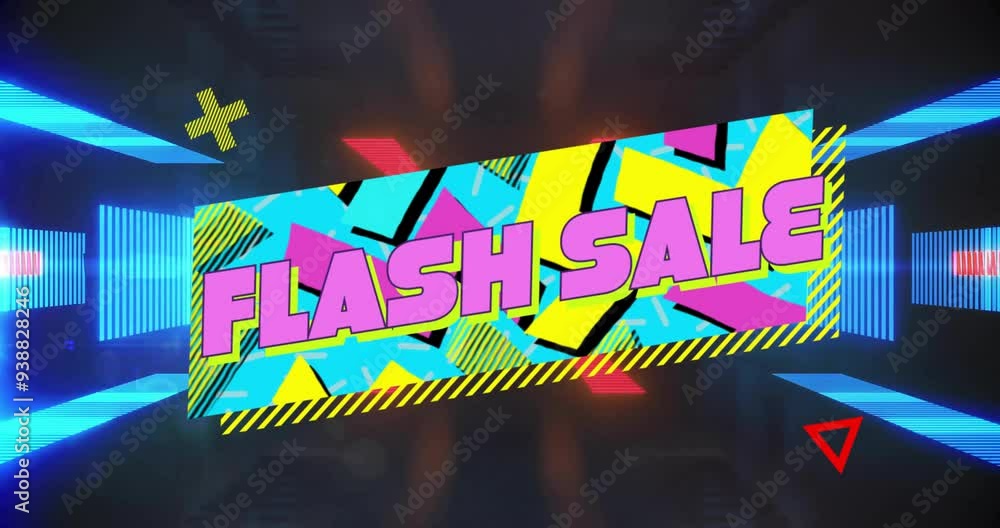Poster flash sale text animation over colorful geometric shapes and patterns
