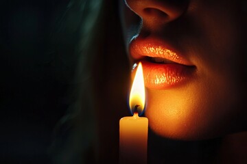A closeup of a mouth blowing off a lit candle.