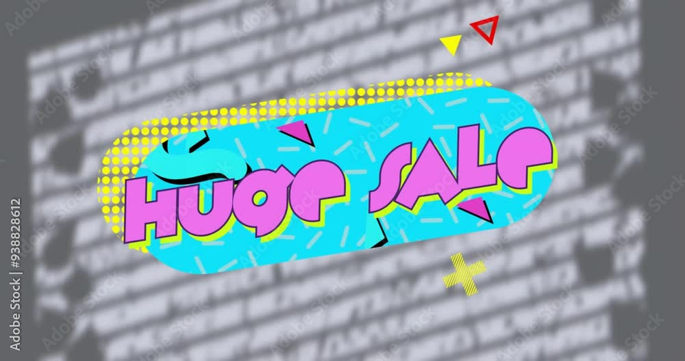 Aufkleber huge sale text animation with colorful shapes over blurred text background