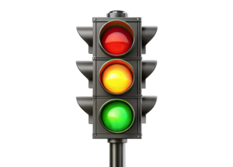 A traffic light with a black metal frame and a black pole is positioned against a white backdrop. The lights are circular and display red, yellow, and green. The green light is lit, indicating that tr