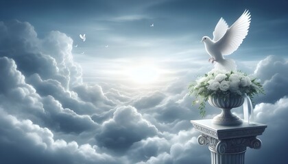 sky funeral background with white dove, copy space for text