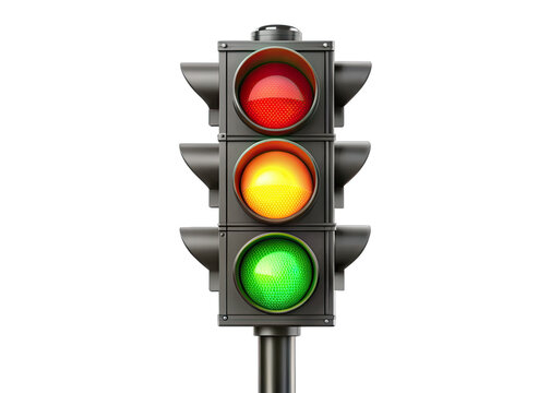 A traffic light with a black metal frame and a black pole is positioned against a white backdrop. The lights are circular and display red, yellow, and green. The green light is lit, indicating that tr - Powered by Adobe