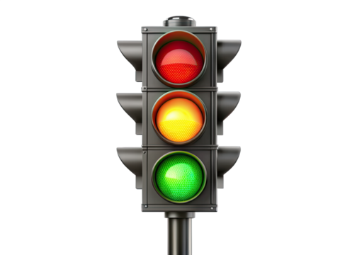 A traffic light with a black metal frame and a black pole is positioned against a white backdrop. The lights are circular and display red, yellow, and green. The green light is lit, indicating that tr