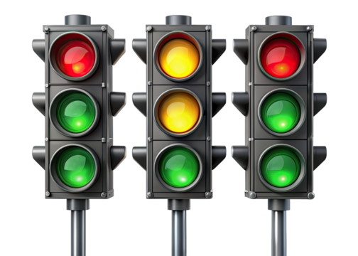 Three traffic lights are displayed against a white background. The traffic lights are positioned in a row, with the leftmost light showing red, then green, and then green. The middle light shows yello