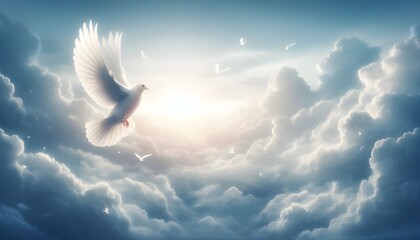 sky funeral background with white dove, copy space for text