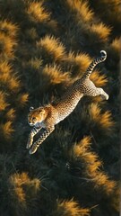 Cheetah mid-air its body stretched out head turned Aerial top do