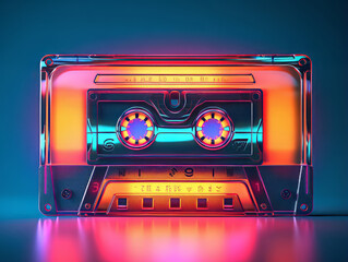 Gorgious Retro cassette tape with neon vibrant colors against black background