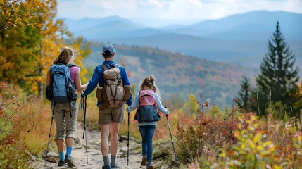 Family Hiking in Scenic Autumnal Mountain Landscape on Labor Day Adventure