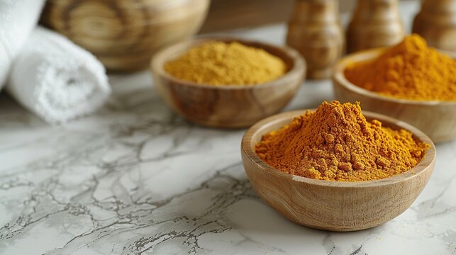 Ayurvedic face pack mask with gram flour, besan, haldi, ubtan in bowls, scrub, and white towel on marble table.