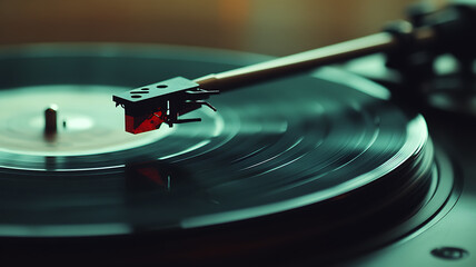 A vintage vinyl record spinning on a turntable, with a soft focus on the grooves and the needle, capturing the nostalgic essence of retro music, with warm, muted lighting.