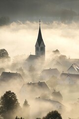 A distant church steeple piercing the morning mist, with the surrounding village softened by the mist.