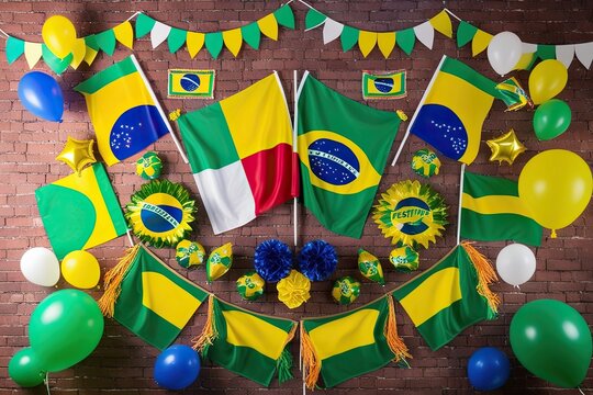 Vibrant Three Dimensional Display of Flags and Balloons for Brazilian Festival Celebration