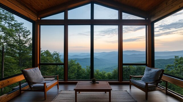 Scenic Mountain View from Modern Cabin Interior at Sunset