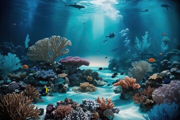 Fototapeta premium Enchanting Underwater Landscape Featuring Vibrant Coral Reefs Diverse Marine Life and Dreamy Ocean Colors