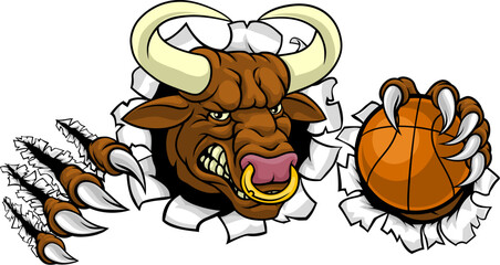 A bull or Minotaur monster longhorn cow angry mean basketball mascot cartoon.