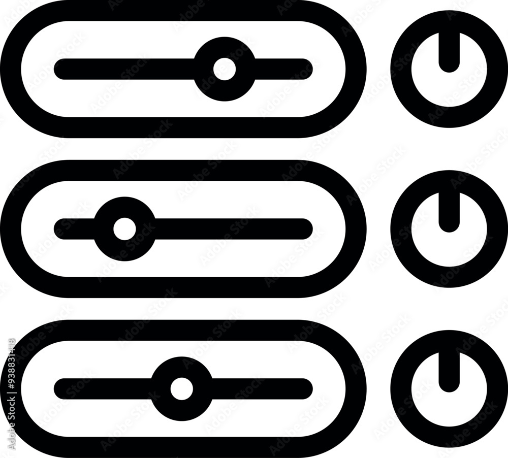 Poster black and white icon set featuring sliders and buttons for adjusting settings in a user interface