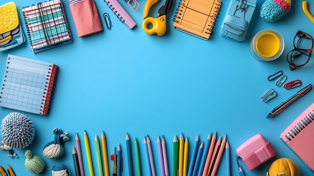 Back to school concept with school supplies on a blue background flat lay top view.