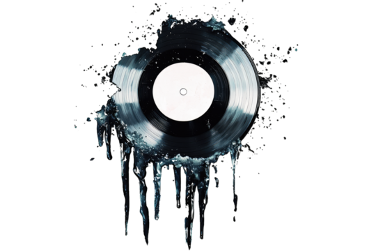 A creative artwork featuring a dripping vinyl record against a dark background, symbolizing music and nostalgia.