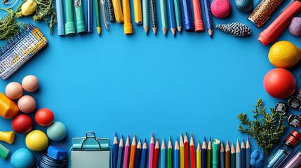 Back to school supplies flat lay on blue background with copy space.