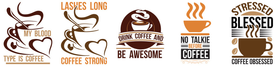 Vibrant Coffee Quotes, Phrases Set Vector Illustration for Holiday Cards, Brochure, Presentation