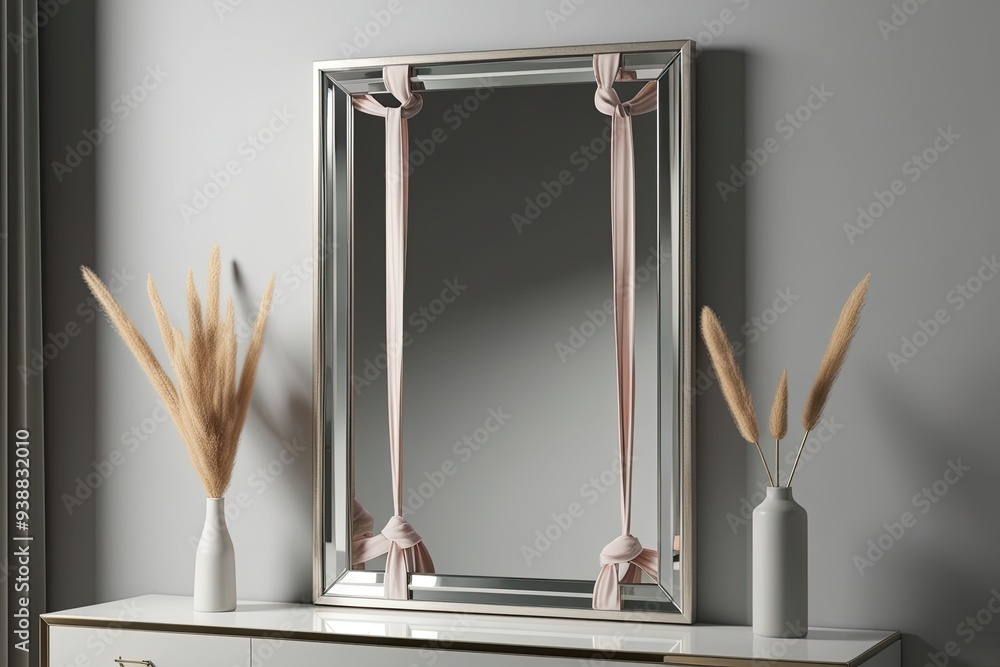Wall mural three dimensional render of minimalist mirrored frame with fabric loops