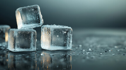 Three ice cubes on a table. The cubes are clear and shiny