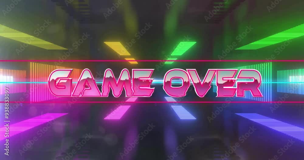 Poster game over text animation with colorful neon lights in background