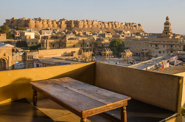 Jaisalmer fort or Golden fort from the roof at sandstone desert city in Rajasthan, UNESCO World...