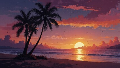photo illustration of sunset view on the beach with many coconut trees made by AI generative