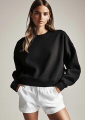 Model in Black Oversized Sweatshirt with Crew Neck and White Shorts for Fashion Concept Mockup