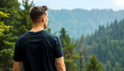 Naklejka premium mock up of a man wearing a plain black t-shirt from behind, with a mountain forest background with dense green trees