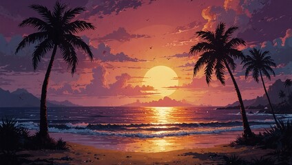 illustration of sunset view from beautiful beach with many coconut trees made by AI generative