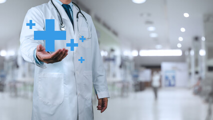 Doctor in white coat holding plus sign for assurance healthcare insurance symbol concept, Medical...