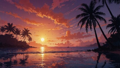 illustration of sunset view from beautiful beach with many coconut trees made by AI generative