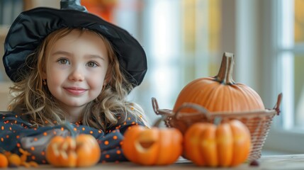 Fototapeta premium Cheerful Young Girl in Witch Hat Celebrating Halloween Surrounded by Pumpkins at a Wooden Table with Bright Smile