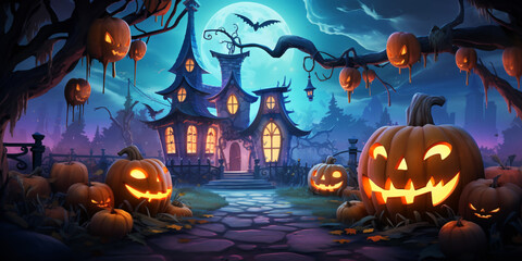 Halloween theme evil pumpkin castle illustration, wallpaper, card, poster background