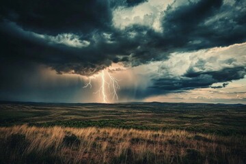 A distant thunderstorm brewing over a vast plain.