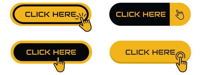 Click Here Button with pointer clicking. Web button set. Click button. Clicking the icon. Action button click here with click cursor. Vector illustration.