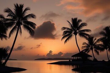 Fototapeta premium Serene Island Sunset with Silhouetted Palms and Reflective Waters in Soft Amber Sky