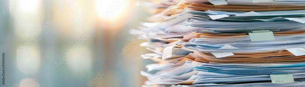 Poster stacked papers showcasing organization and clutter in an office environment, highlighting the import