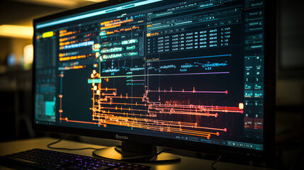 Screen Close-Up: Focus on a monitor displaying lines of code in an Integrated Development Environment (IDE) like VS Code, Sublime Text