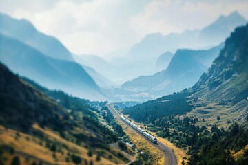A distant train winding through a mountain pass.