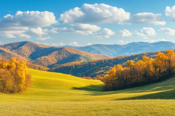 Golden trees on hills in a vibrant autumn landscape