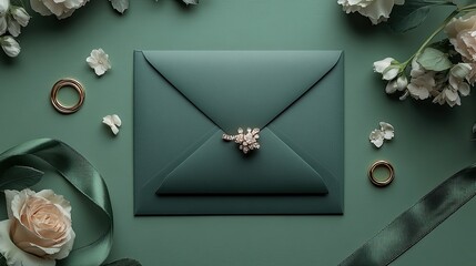 wedding invitation card mockup with green envelopes gold rings ribbon and flowers on a green background flat lay top view copy space